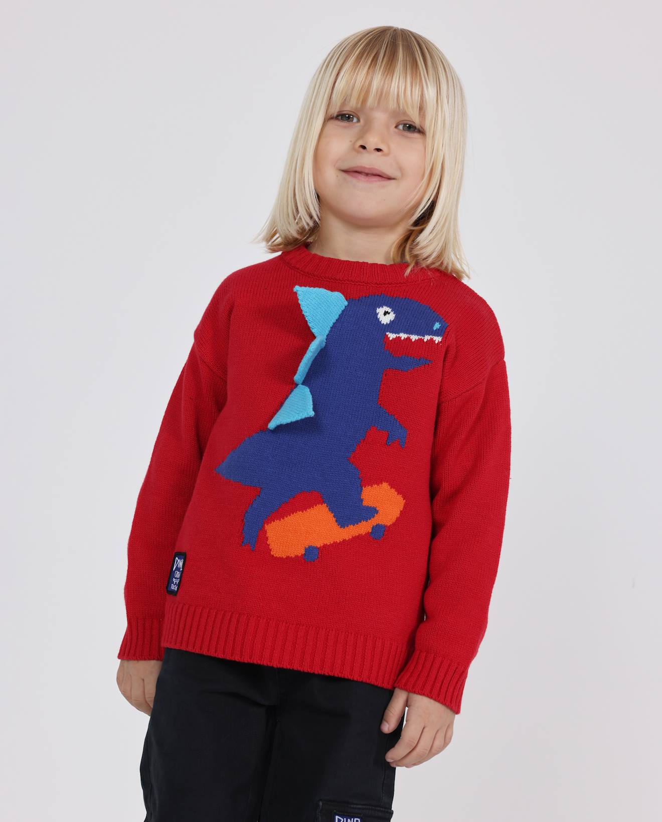 Pull Garçon En Maille Douce À Motif Dinosaure Rouge