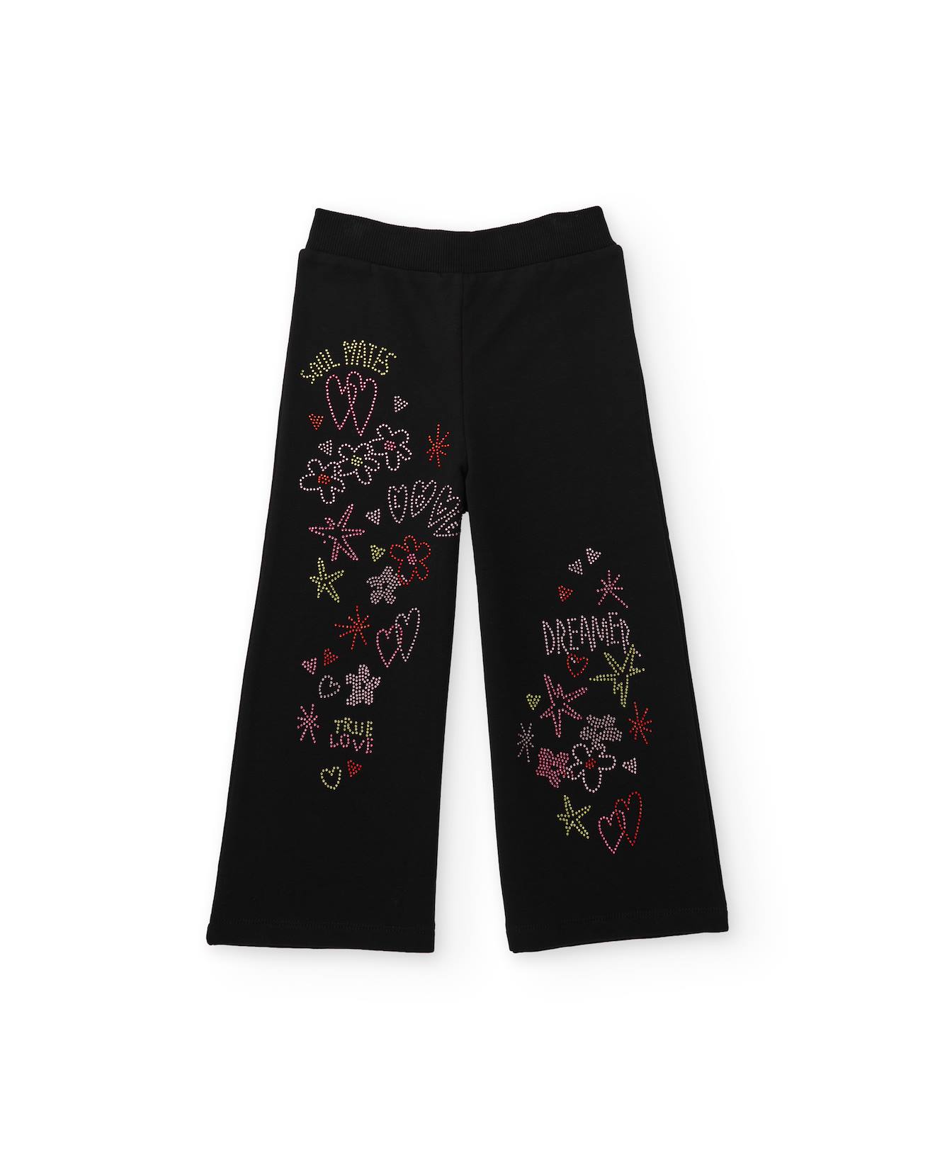 Pantalon Fille En Molleton À Jambes Larges Et Détails Floraux Noir