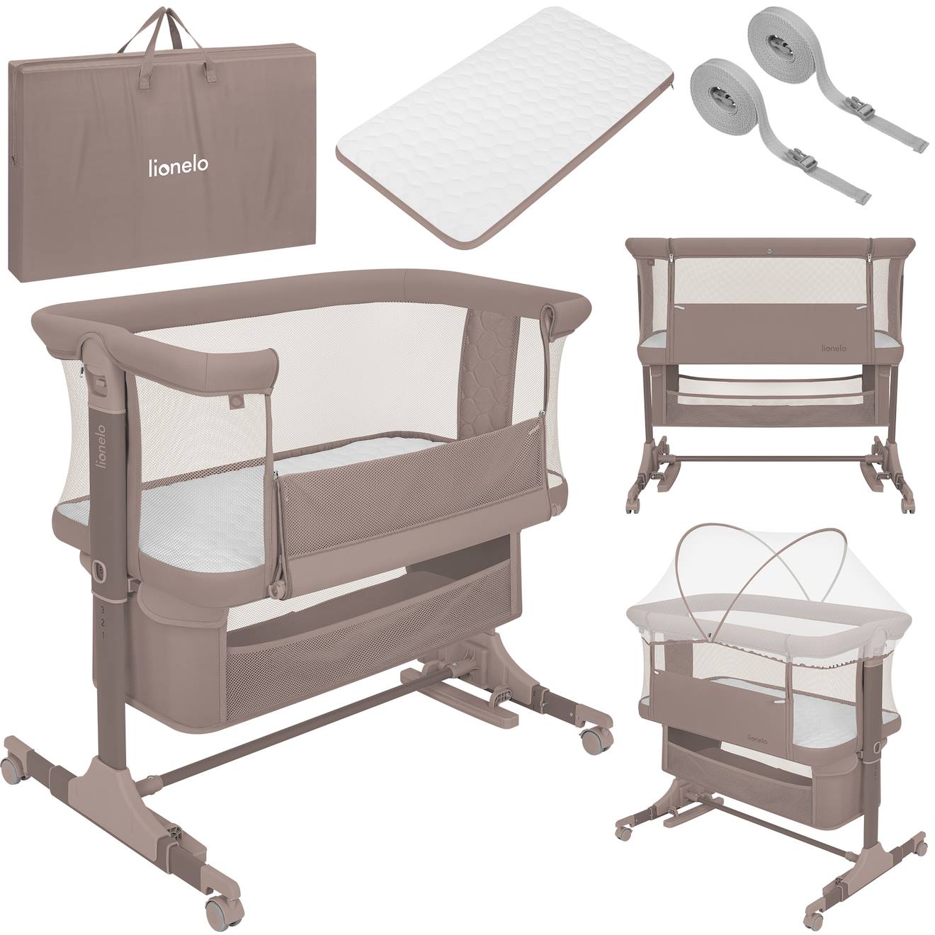 Lit Cododo Berceau 3en1 Jodie Réglable En Hauteur Et Inclinaison Avec Matelas Haute Densité Beige Taupe