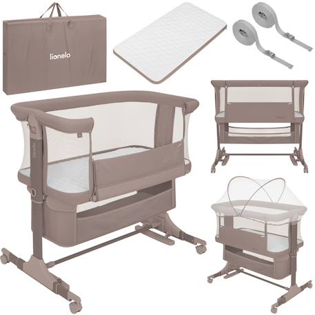 Lionelo - Lit Cododo Berceau 3en1 Jodie Réglable En Hauteur Et Inclinaison Avec Matelas Haute Densité Beige Taupe