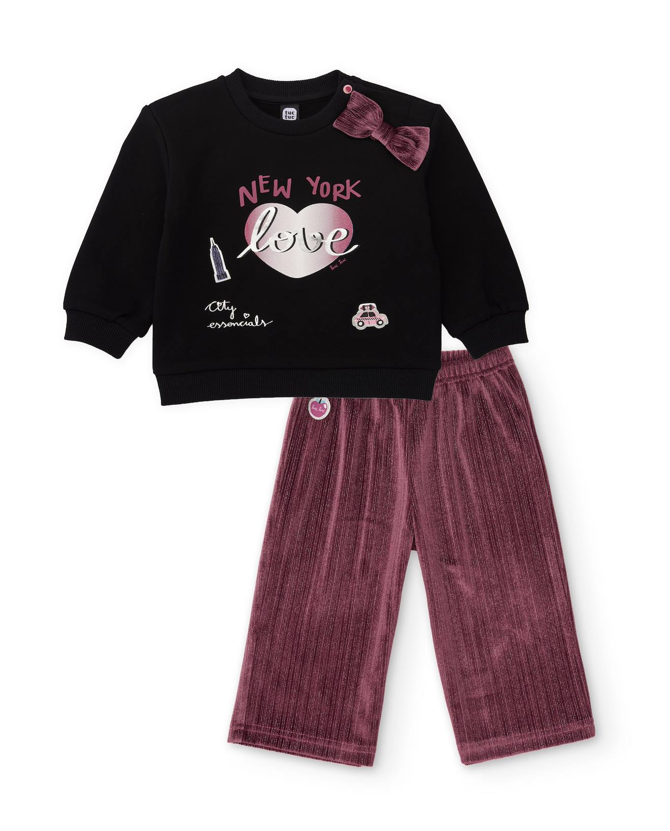 Ensemble Bébé Fille En Molleton Avec Sweat Imprimé Et Détail Nœud Noir