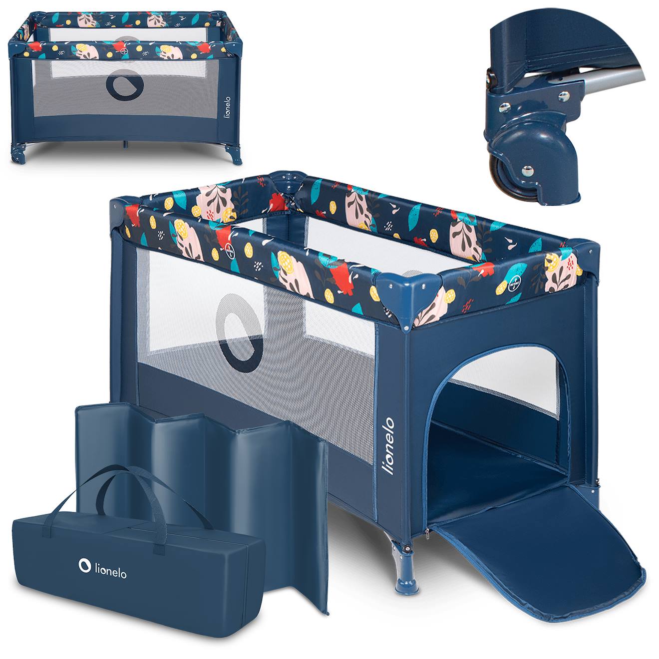Lit Parapluie Parc Bébé 2en1 Stefi 125 X 65 Cm Avec Roulettes Et Sac, 0-36 Mois Blue Navy