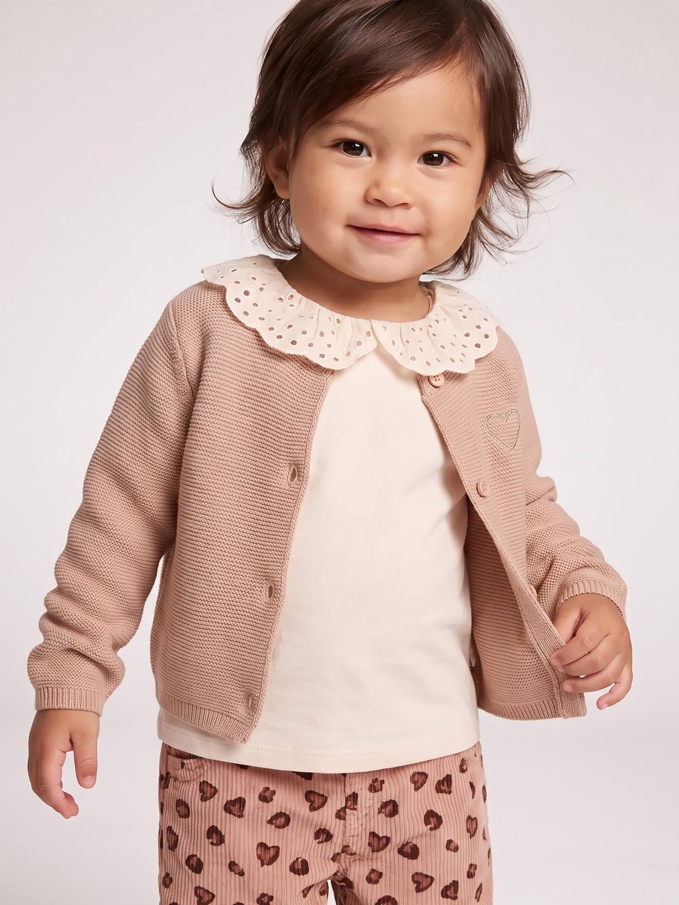 Cardigan broderie dorée coeur bébé beige