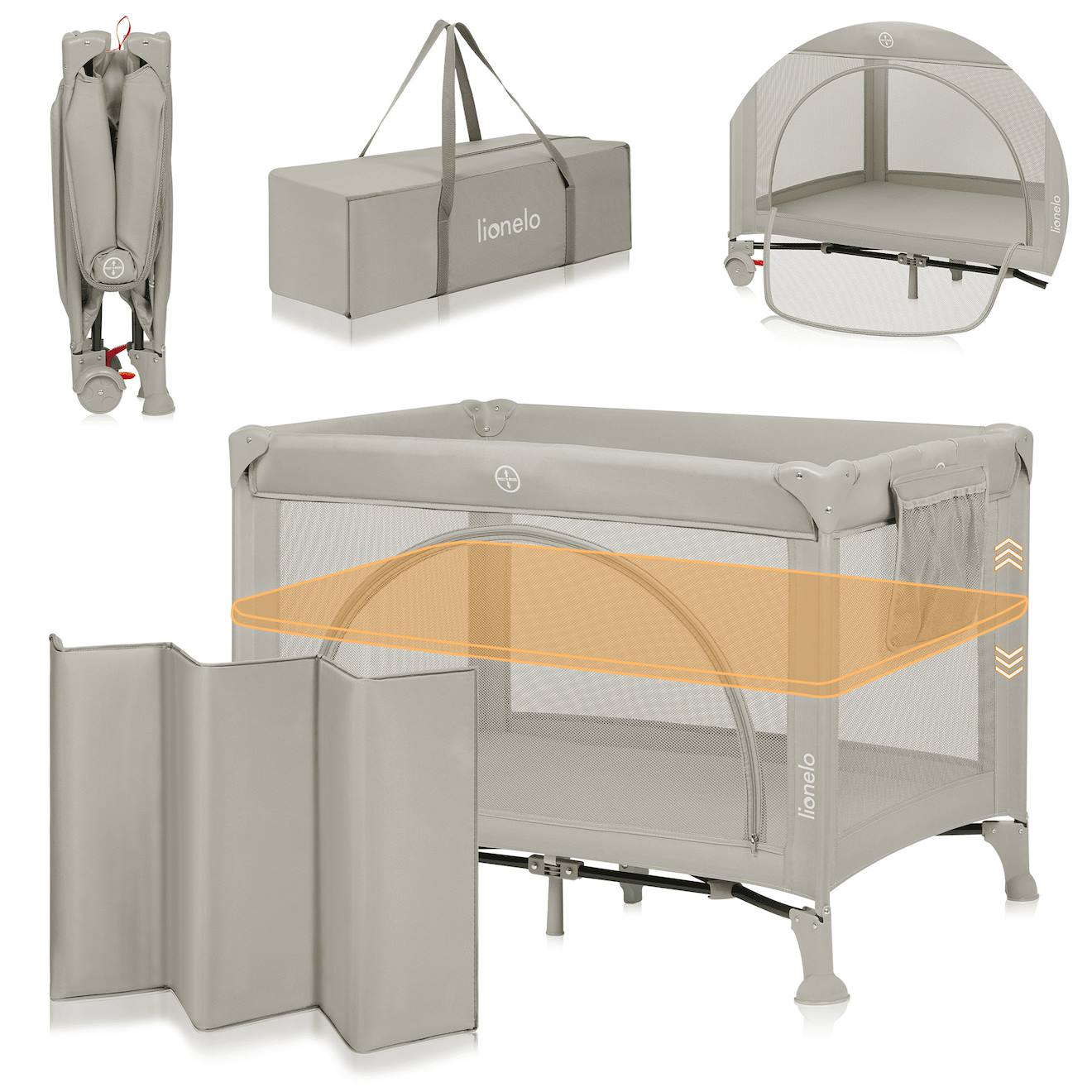 Lit Parapluie Parc Bébé 3en1 Laura 0-36 Mois Avec Matelas Haute Densité Et Roulettes Beige Sand