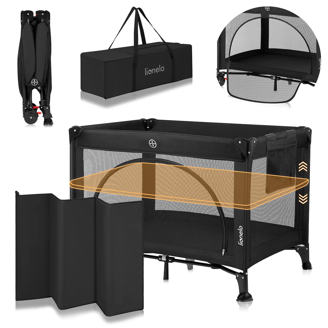 Lit Parapluie Parc Bébé 3en1 Laura 0-36 Mois Avec Matelas Haute Densité Et Roulettes Black Carbon