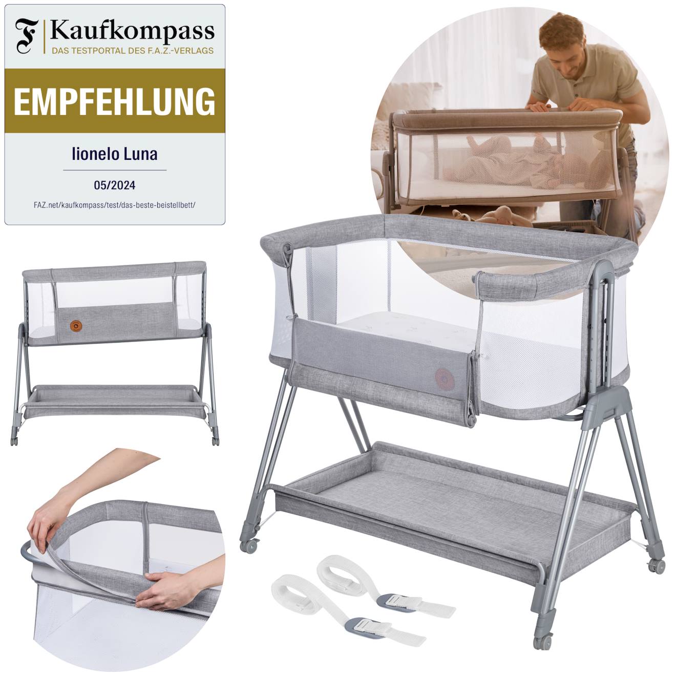 Lit Cododo Berceau 3en1 Luna Réglable En Hauteur Et Inclinaison Avec Matelas Grey Concrete