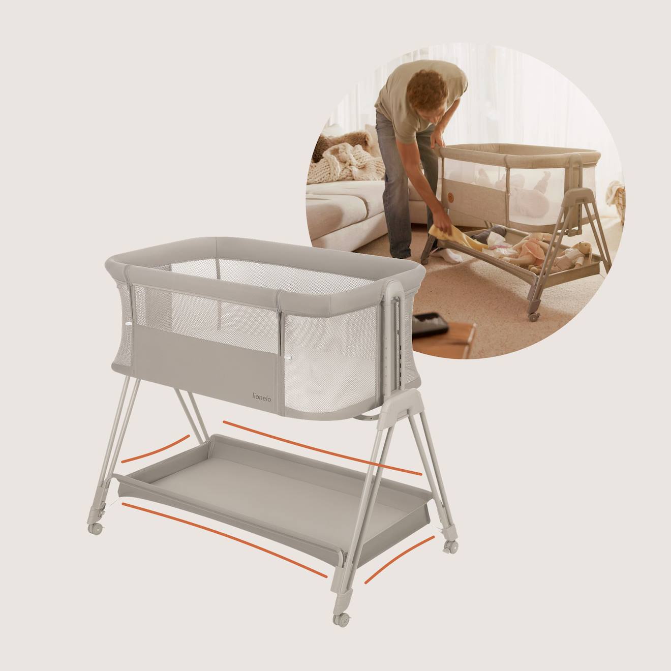 Lit Cododo Berceau 3en1 Luna Réglable En Hauteur Et Inclinaison Avec Matelas Beige Sand (Lionelo) - Image 1