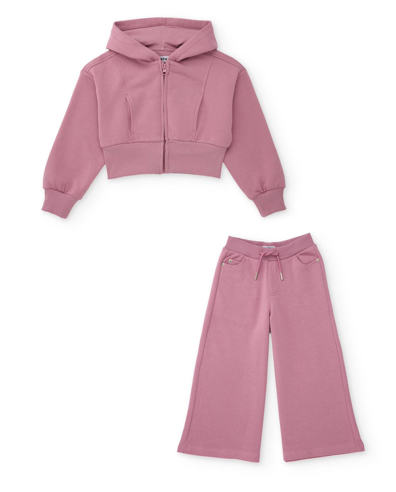 Ensemble Pour Fille En Maille Avec Sweat À Capuche Court Et Pantalon Large Rose