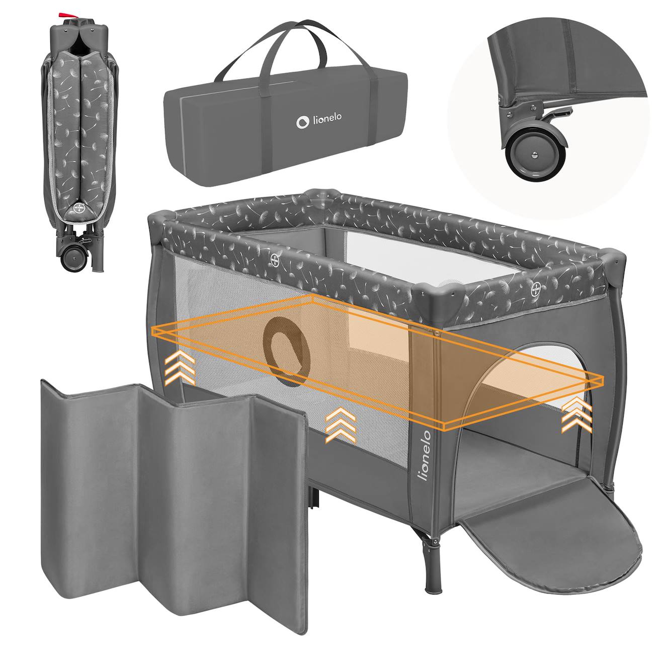 Lit Parapluie Parc Bébé 2en1 Stefi Plus 0-36 Mois Avec Matelas Haute Densité Et Roulettes Grey White