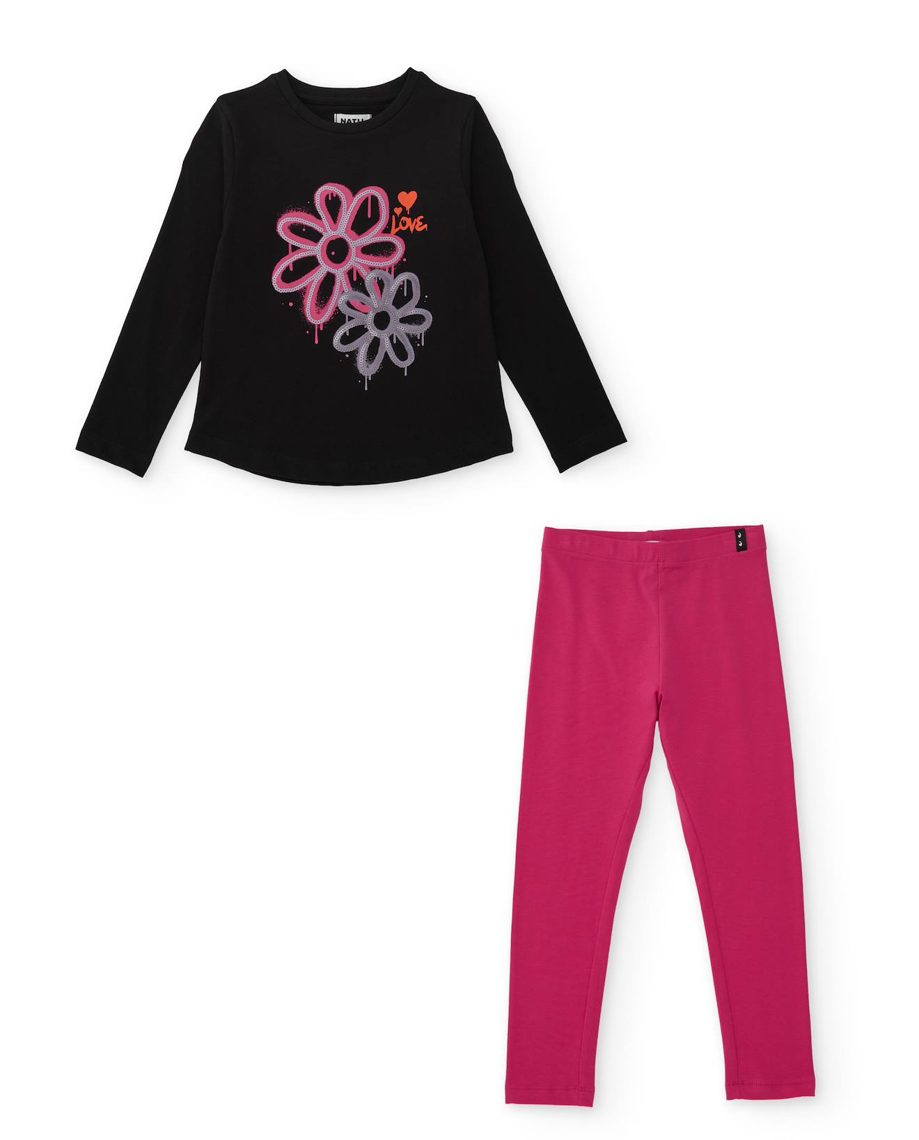 Ensemble Fille Avec T-shirt Floral Et Leggings En Maille Extensibles Noir