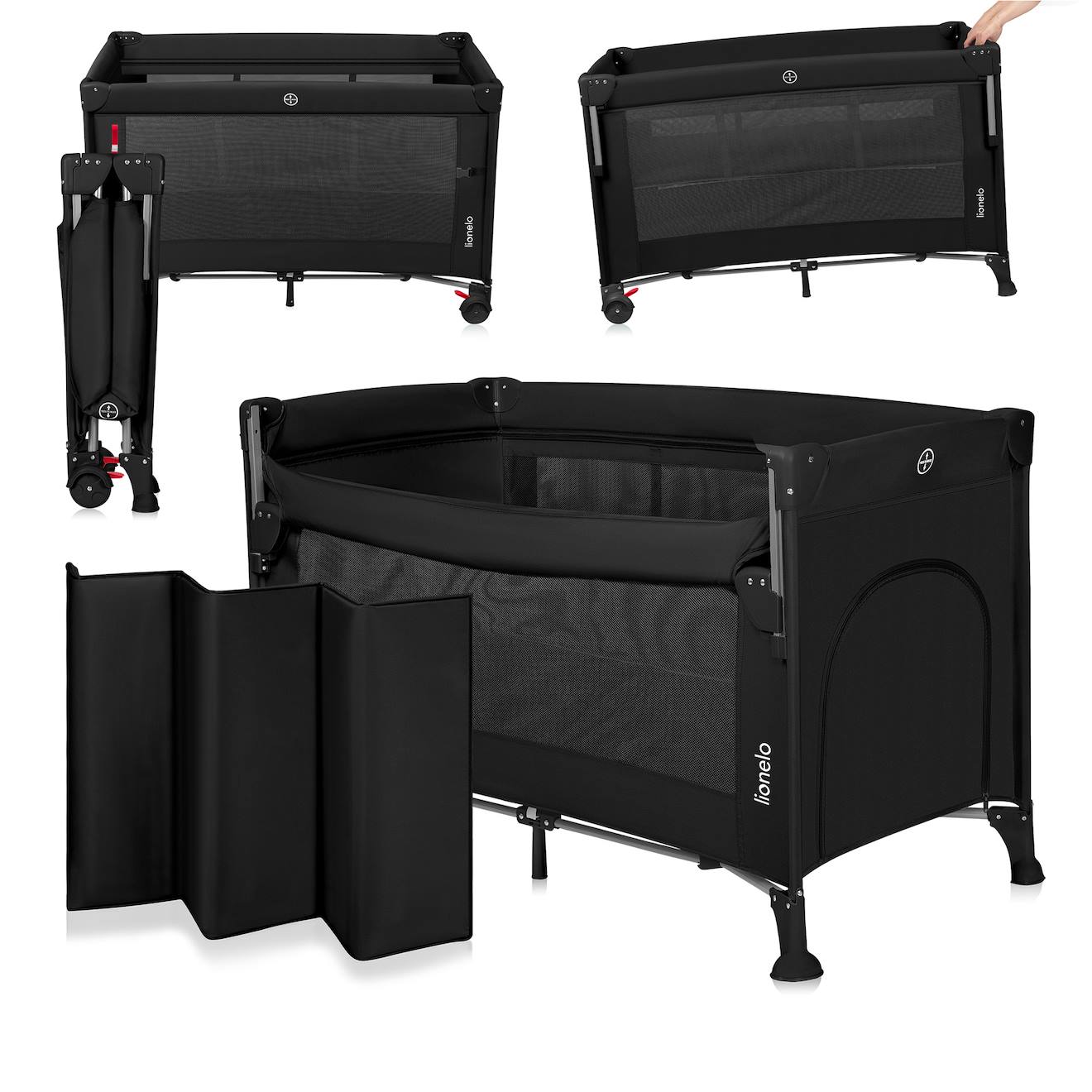 Lit Cododo 3en1 Ellen Avec Fonction Lit Parapluie Et Parc Bébé, Matelas Haute Densité Et Roulettes Black Carbon