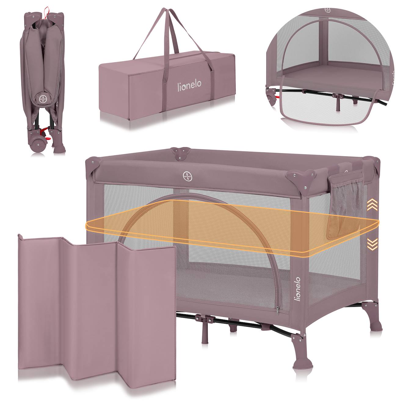 Lit Parapluie Parc Bébé 3en1 Laura 0-36 Mois Avec Matelas Haute Densité Et Roulettes Pink Nude