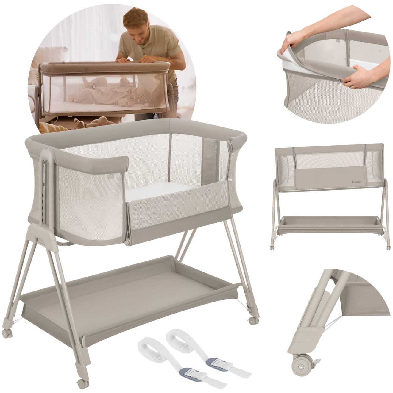 Lit Cododo Berceau 3en1 Luna Réglable En Hauteur Et Inclinaison Avec Matelas Beige Sand (Lionelo) - Couverture