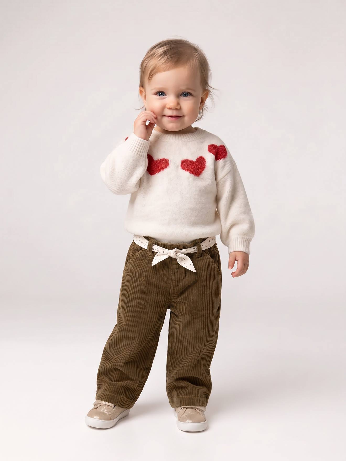 Pantalon large en velours ceinture à fleurs bébé olive