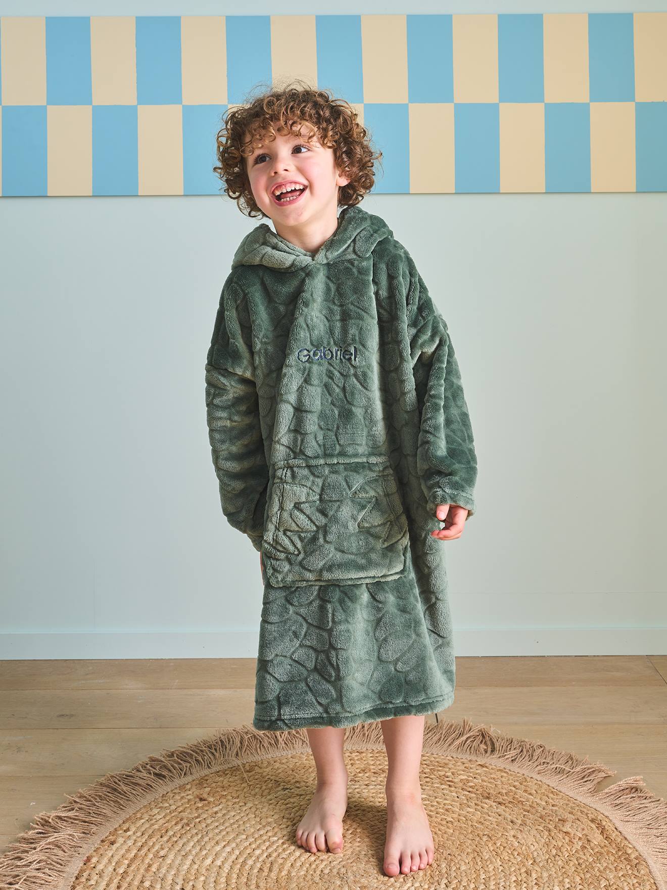 Poncho plaid polaire dinosaure vert foncé