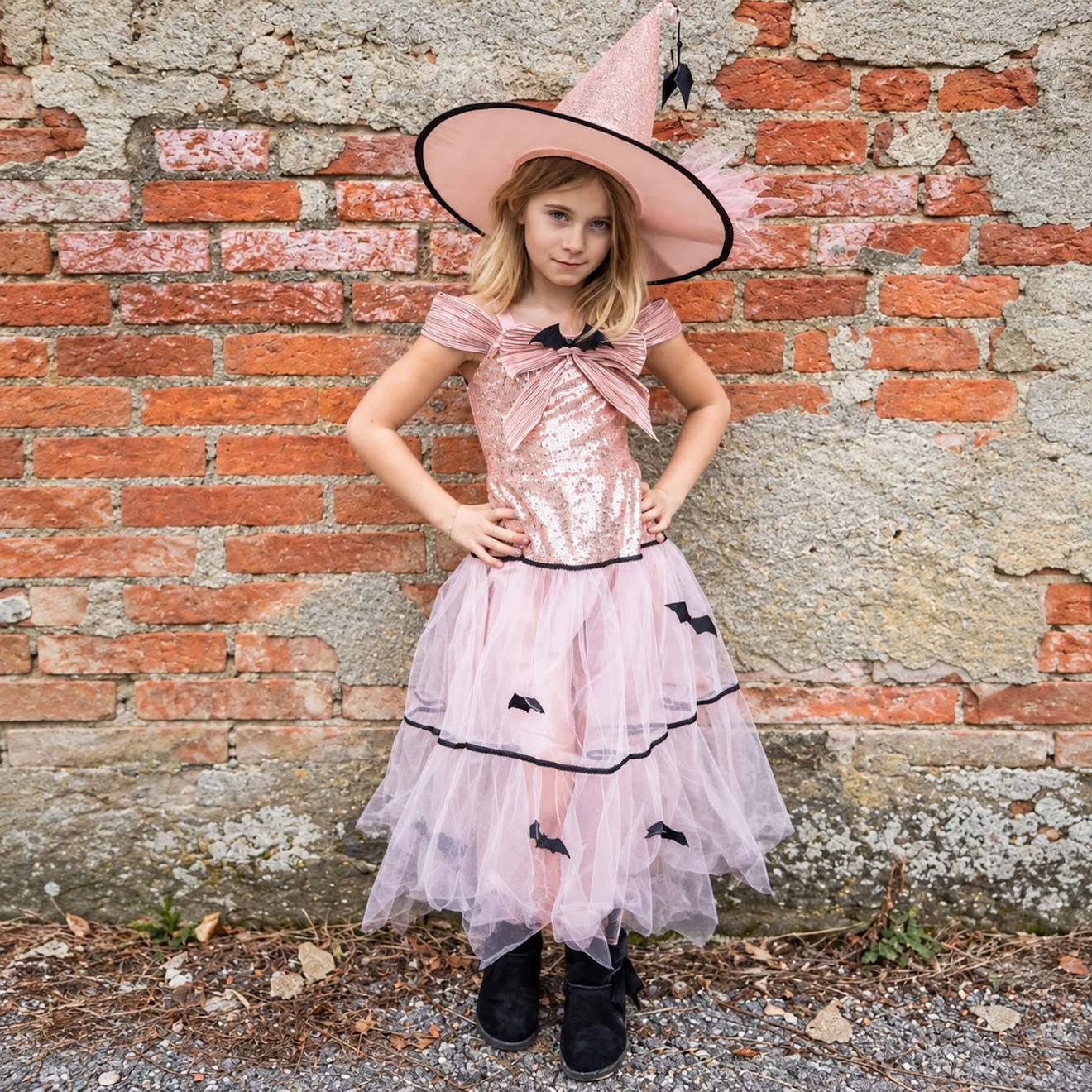 Déguisement Enfant Robe De Sorcière Glamour Avec Chapeau Rose