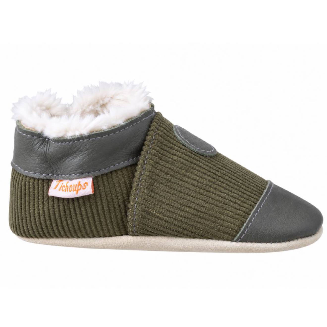 Chaussons Cuir Souple Uni Velours Fourrés Vert Chaussons Cuir Souple Uni Velours Fourrés Vert