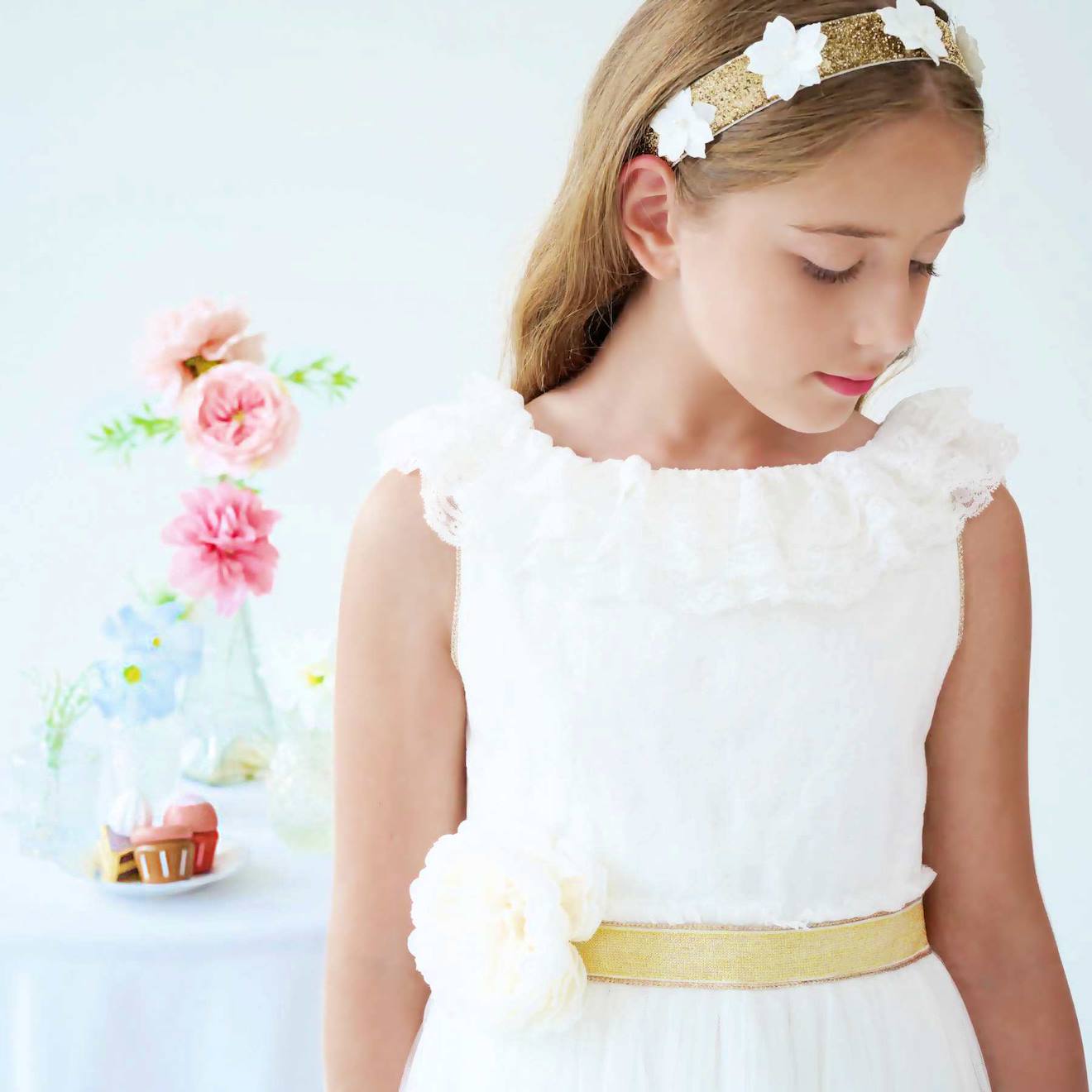 Bandeau Cheveux Cérémonie À Fleurs Beige Or