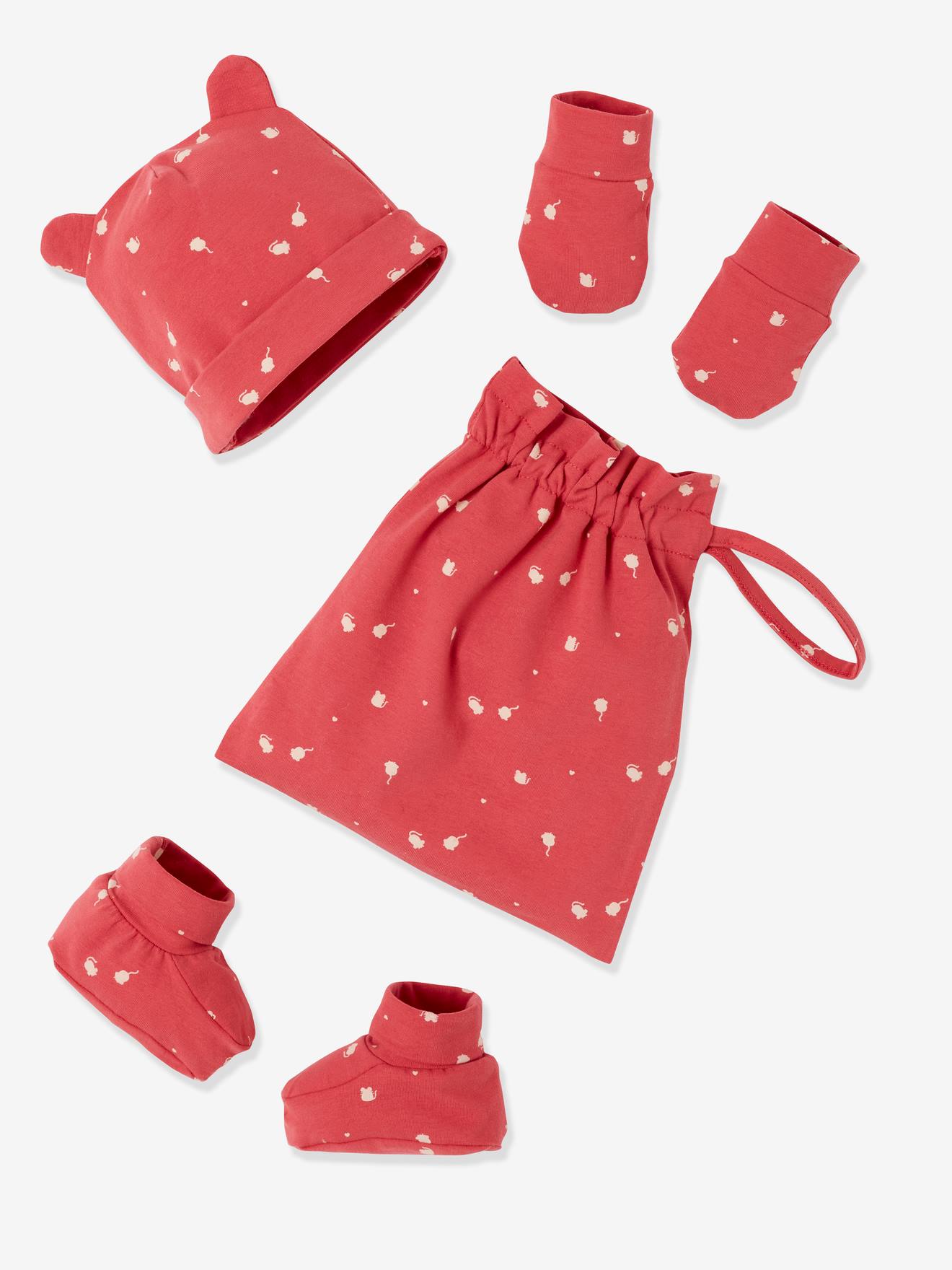 Kit bonnet + chaussons + gants et sac bébé rose foncé