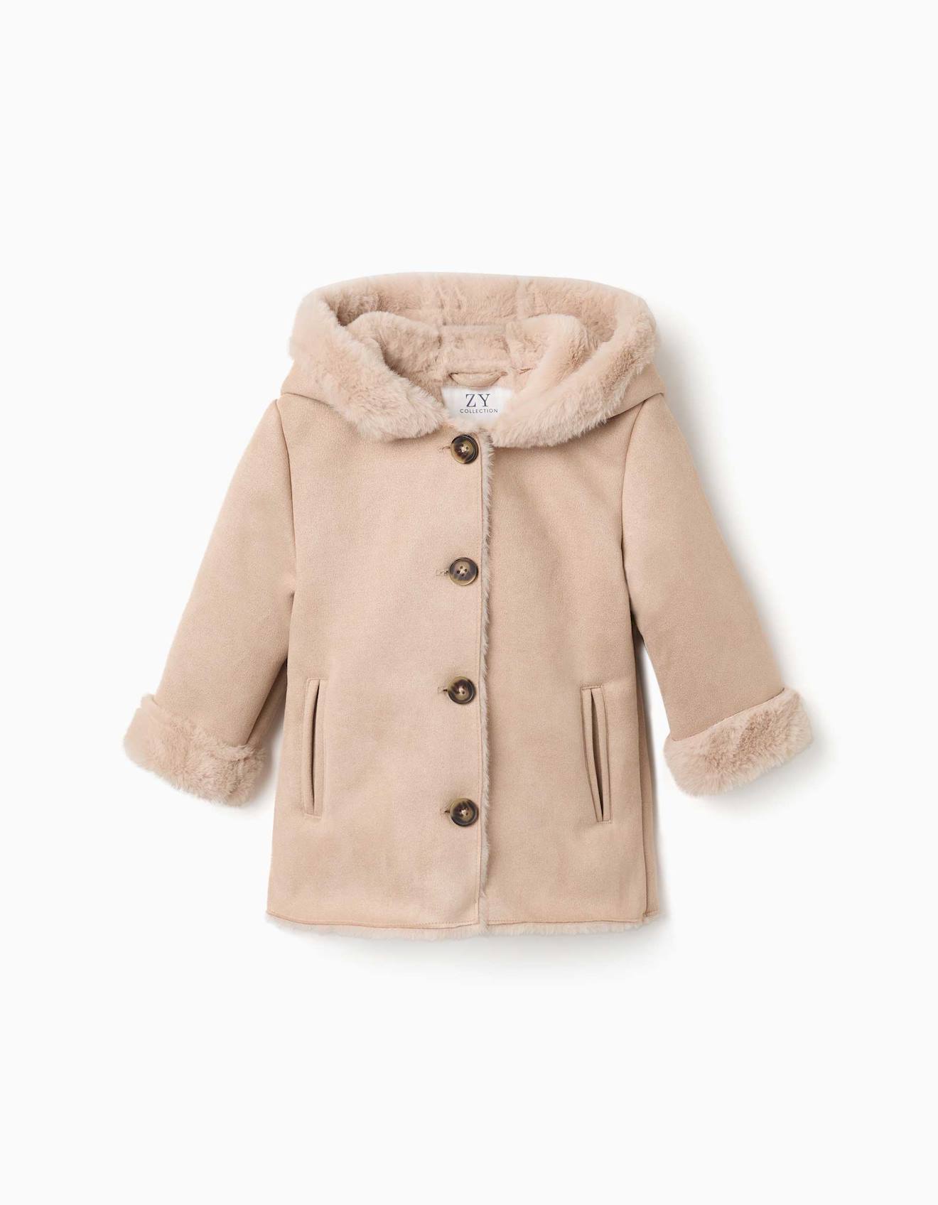 Manteau En Suédine À Capuche Et Doublure En Peluche Douce Synthétique Beige Clair