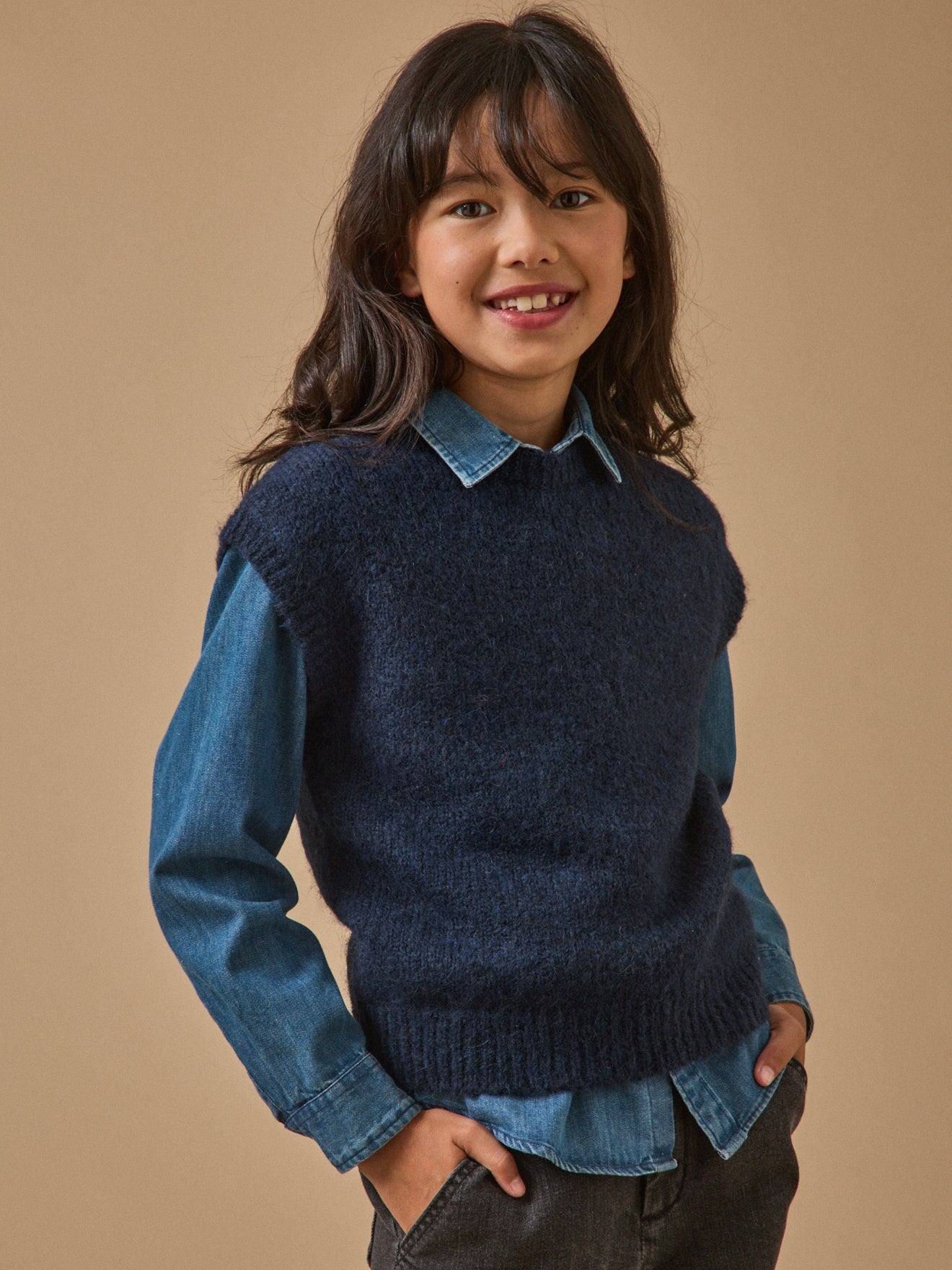 Pull Sans Manches Fille Laine Et Alpaga Marine