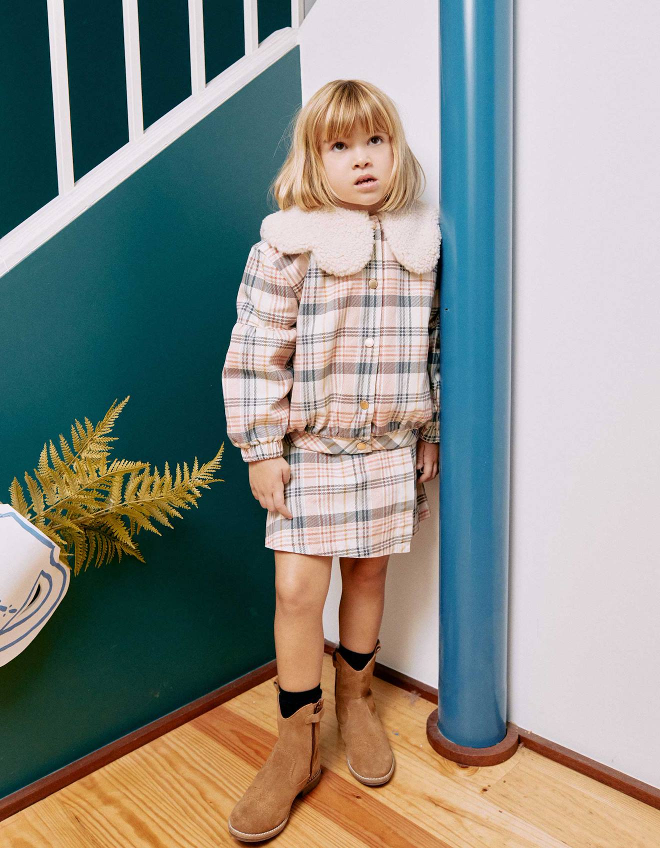 Blouson À Carreaux Avec Col Et Doublure En Sherpa Blanc