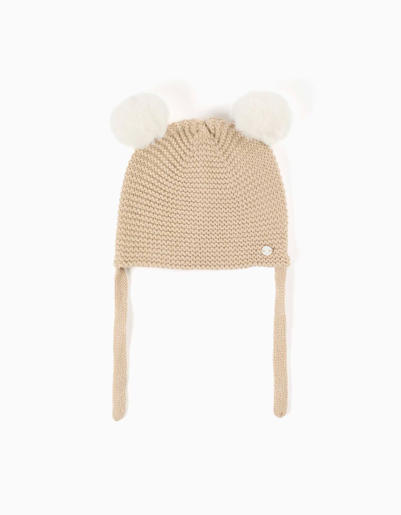 Bonnet En Maille Avec Pompons Et Liens À Nouer Beige Clair Bonnet En Maille Avec Pompons Et Liens À Nouer Beige Clair