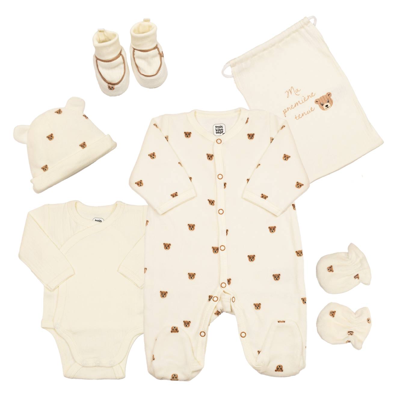 Trousseau Naissance Ours Moka - Ensemble Naissance 6 Pièces Ecru