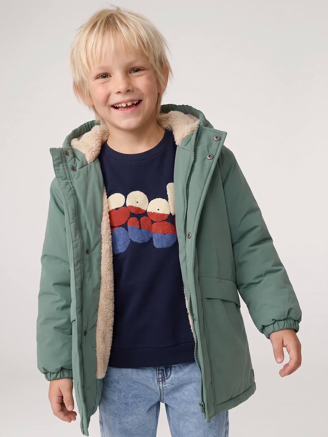 Parka garçon à capuche doublure sherpa vert sauge