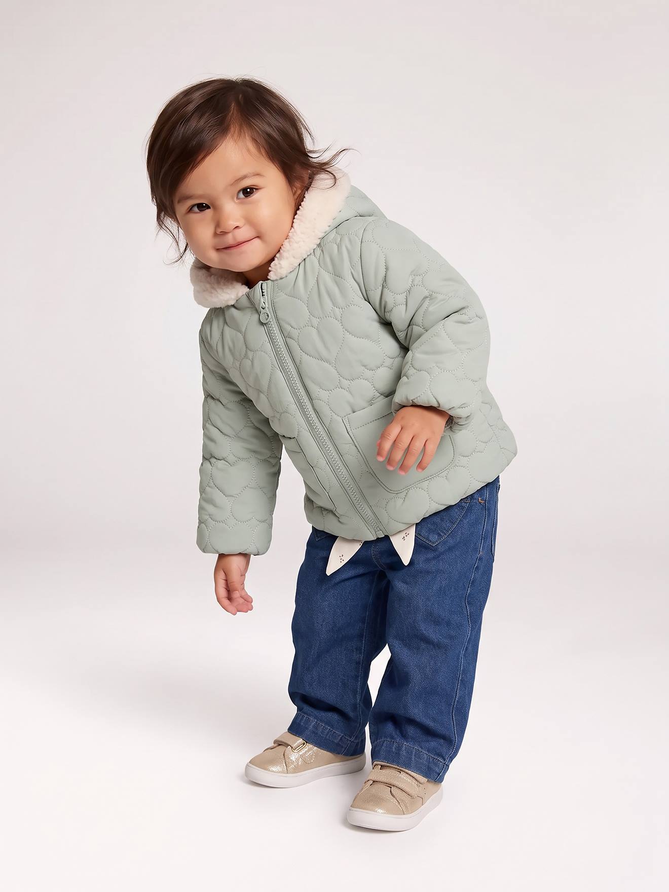 Doudoune bébé fille avec bonnet et moufles vert sauge