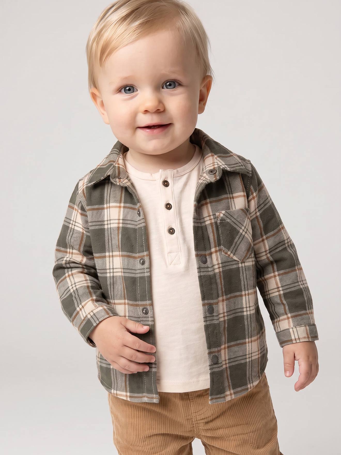 Chemise flanelle bébé à carreaux kaki