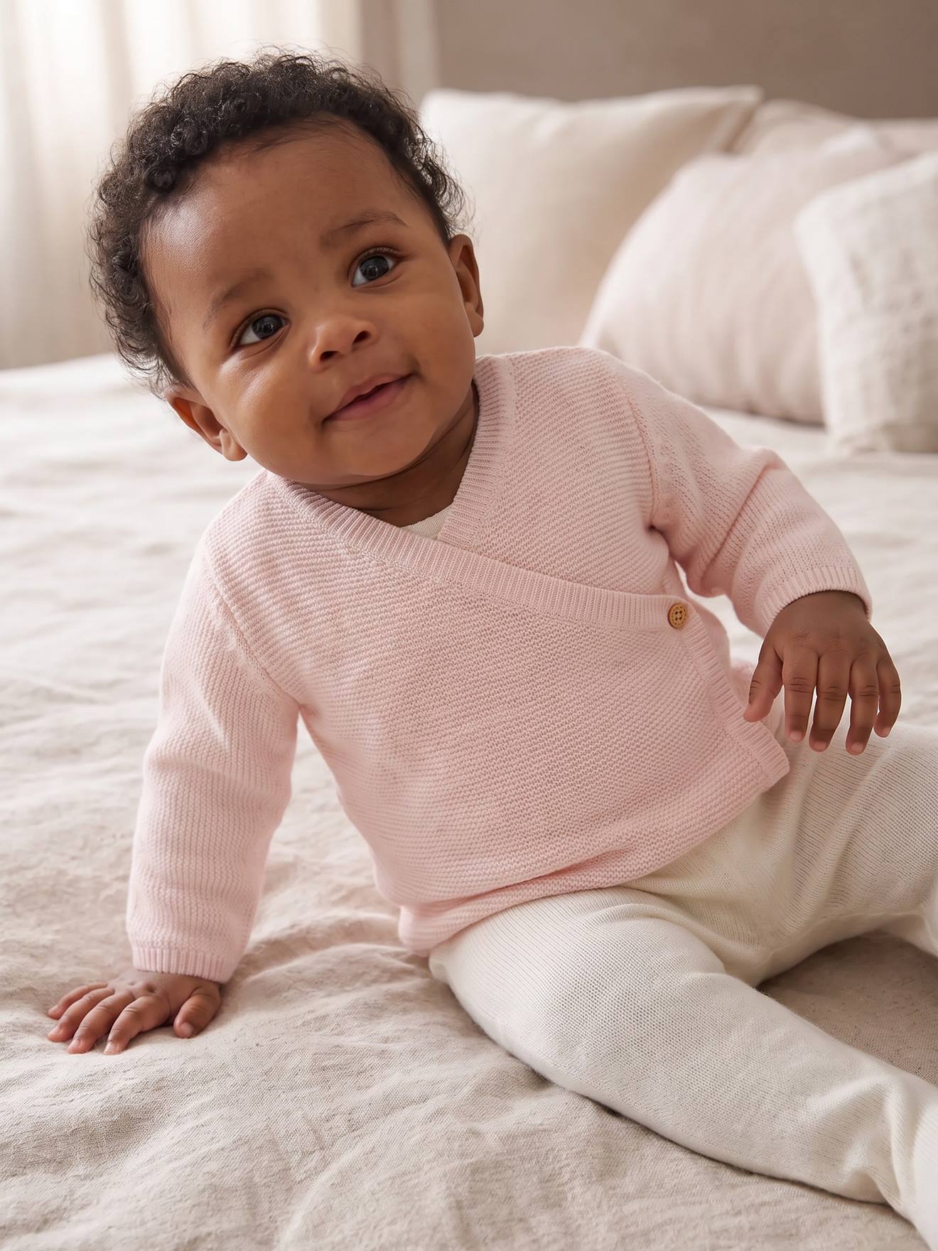 Brassière bébé naissance tricot point mousse coton et laine rose pâle Brassière bébé naissance tricot point mousse coton et laine rose pâle