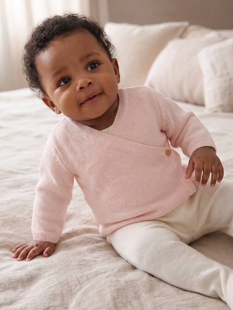 Vertbaudet - Brassière bébé naissance tricot point mousse coton et laine rose pâle