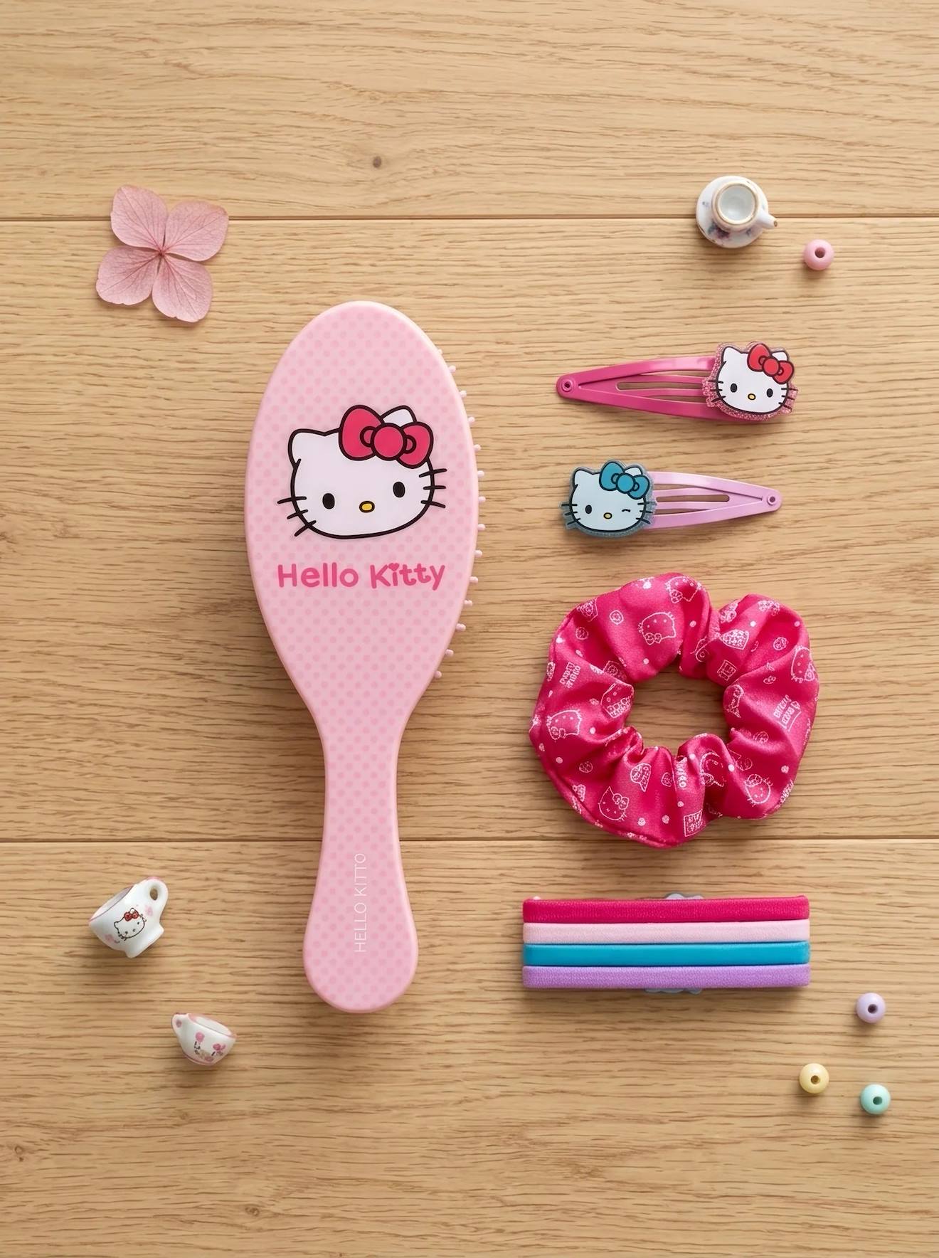 Set Cheveux Hello Kitty Fille - Brosse, Clips Et Chouchou Rose