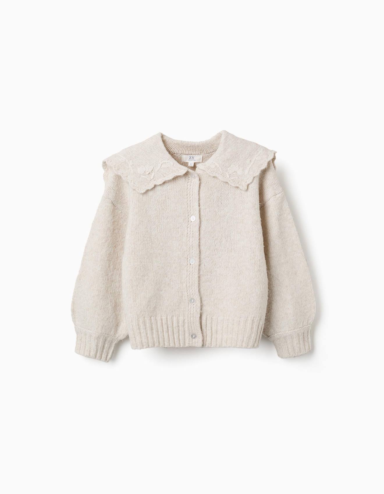 Cardigan En Maille Avec Col Brodé Beige Clair