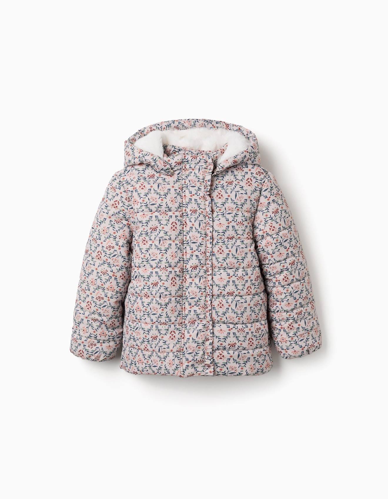 Doudoune Floral Avec Capuche Et Doublure En Peluche Douce Synthétique Beige Clair