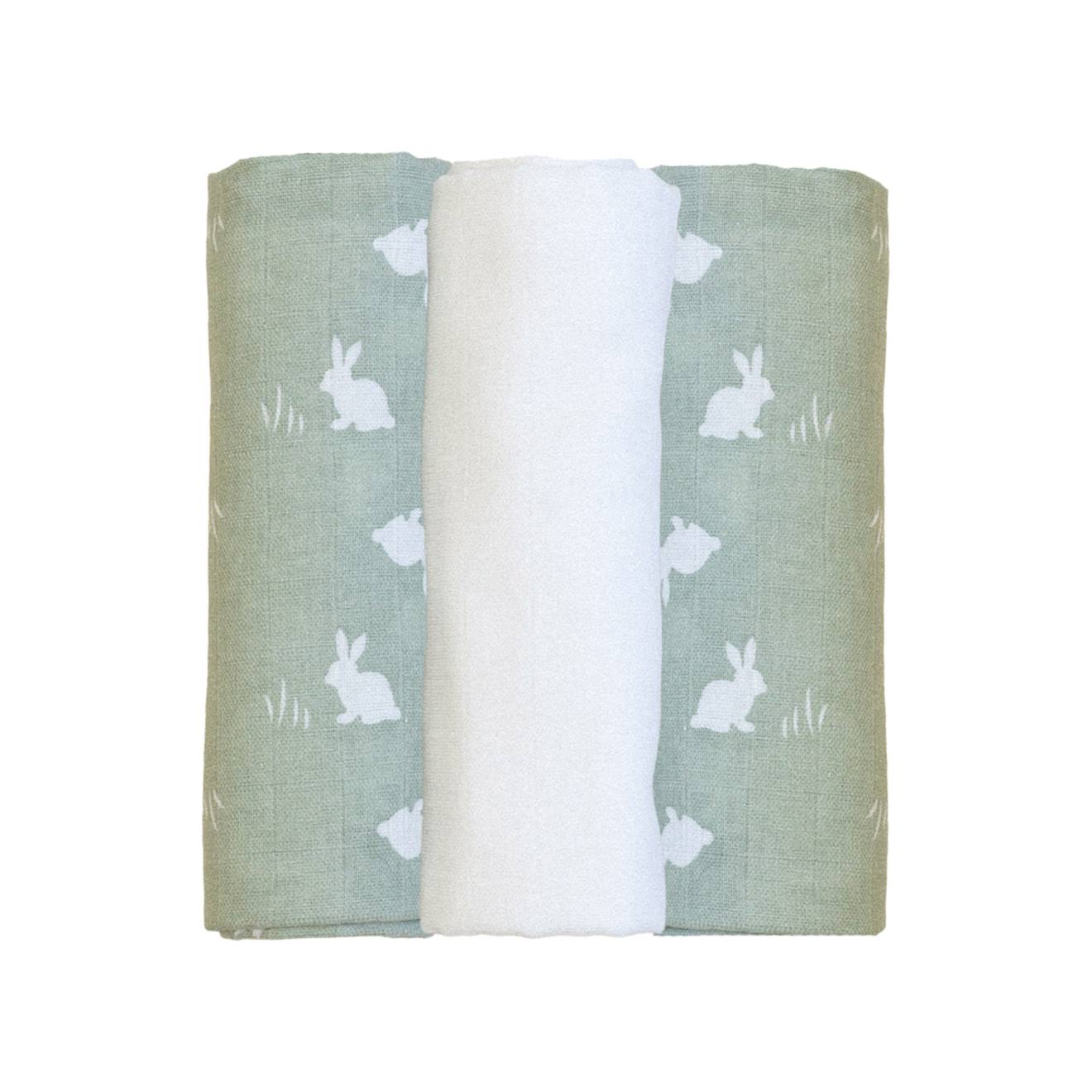 Lot De 3 Langes Bébé - Motif Lapin Vert