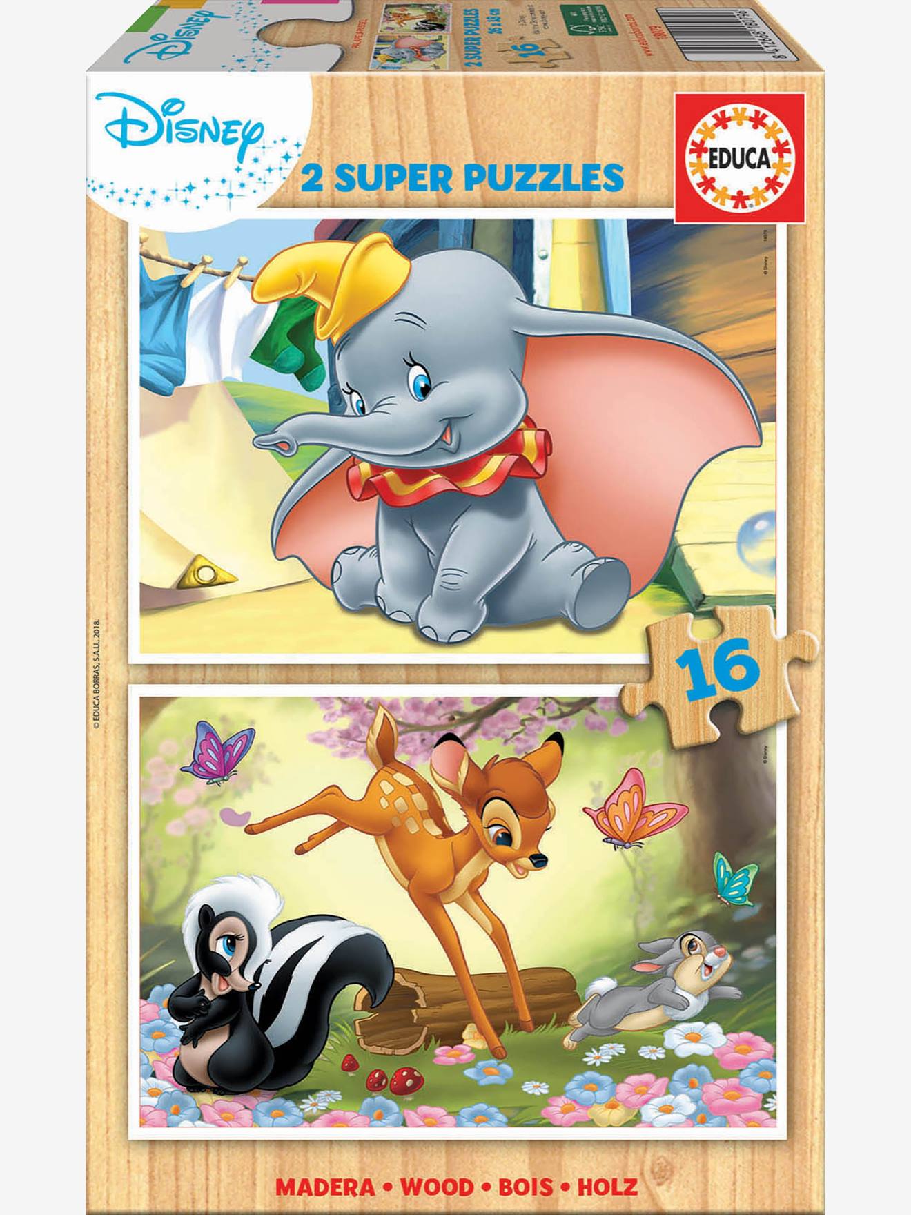 Lot de 2 puzzles bois 16 pièces Disney® Animals Bambi + Dumbo EDUCA