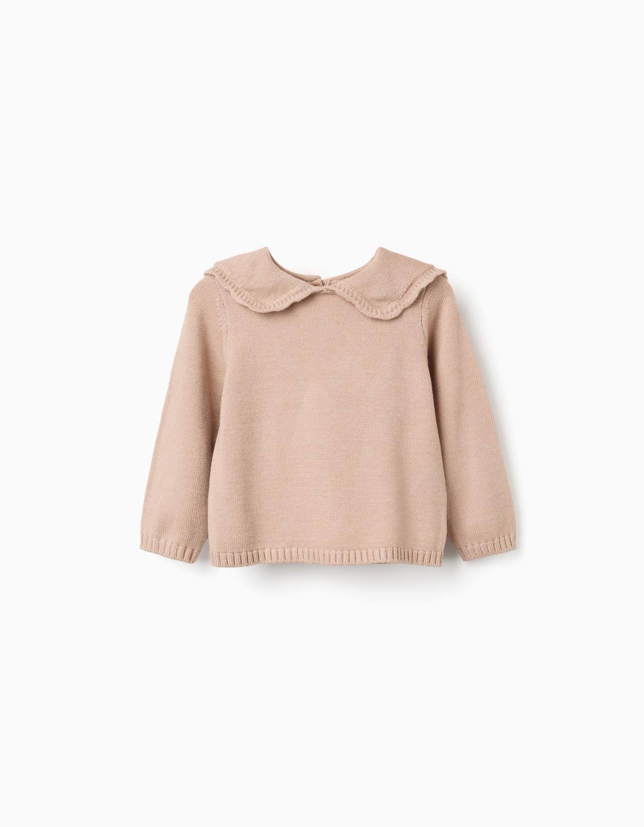 Pull En Maille Avec Col Festonné Beige Clair