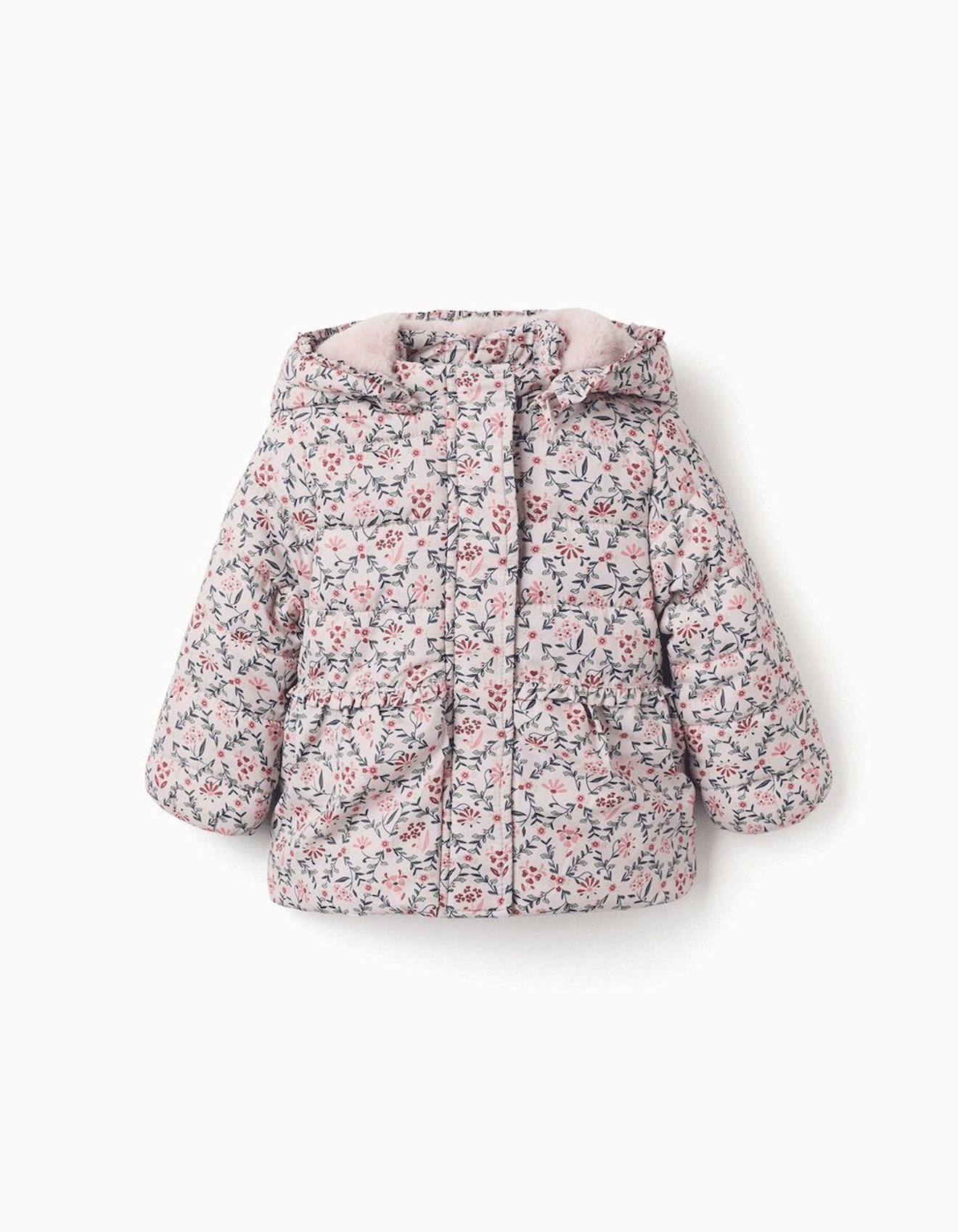 Doudoune Floral Avec Capuche Et Doublure En Peluche Douce Synthétique Beige Clair