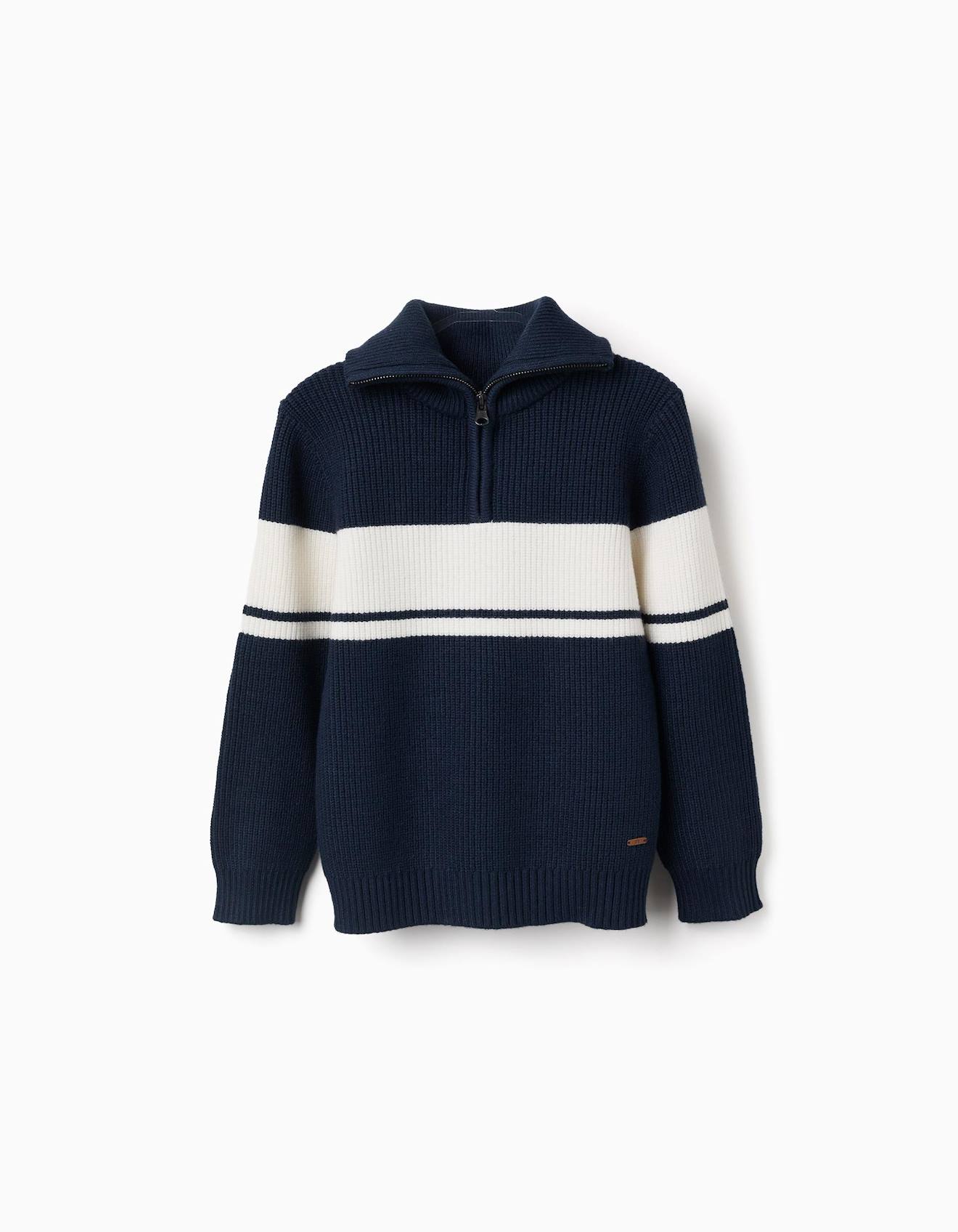 Pull En Maille À Col Zippé À Rayures Bleu Foncé