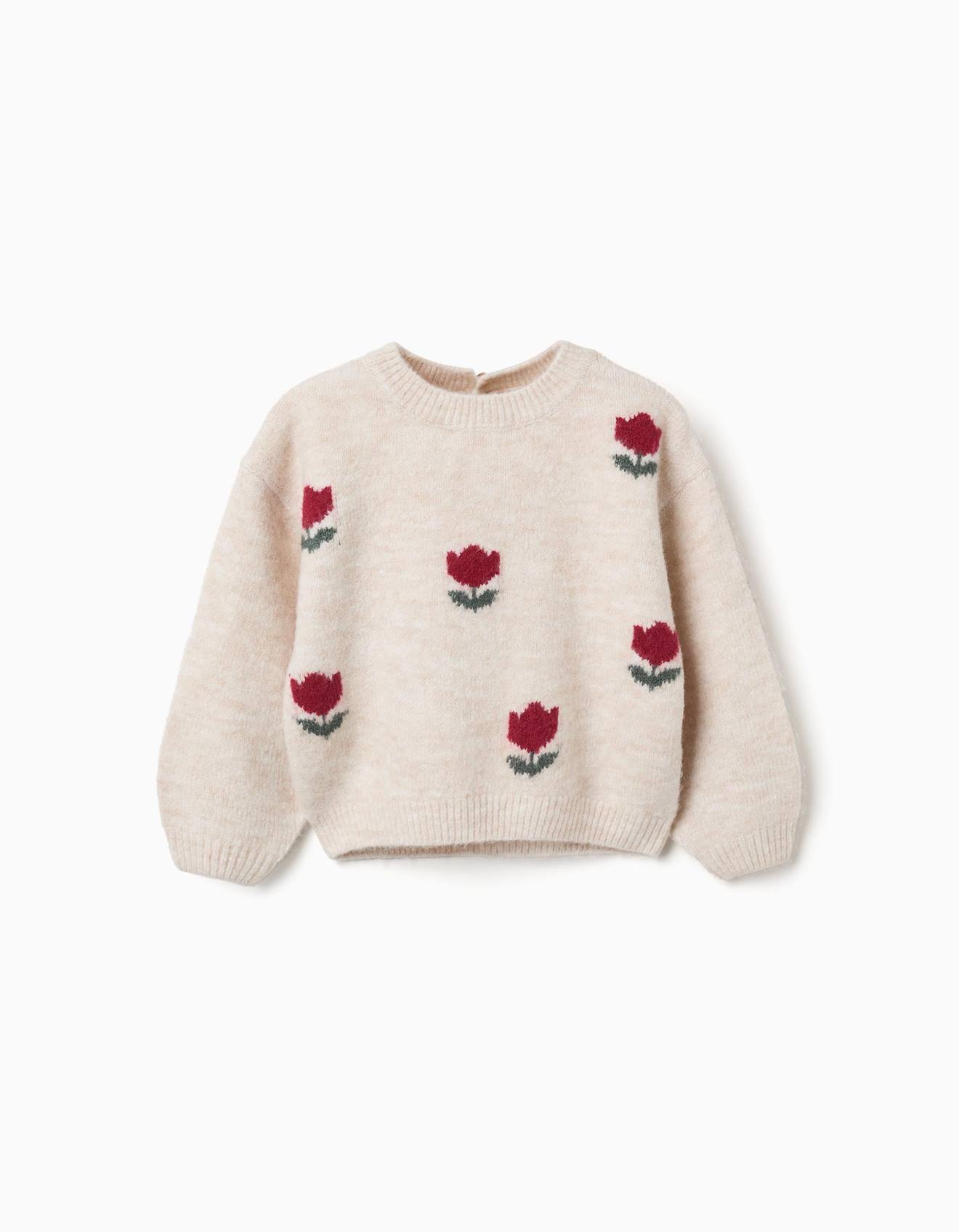 Pull En Maille Avec Fleurs En Intarsia Beige Clair