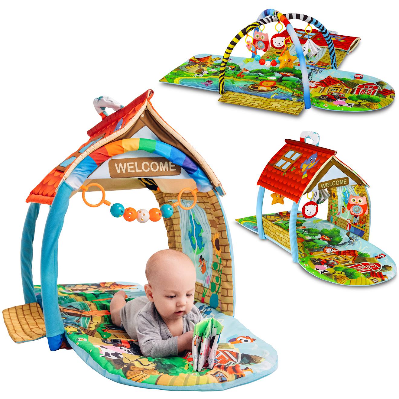 Tapis D’éveil Bébé 2en1 Agnes 137 X 138 Cm Avec Arches Et Maisonnette Multicolor
