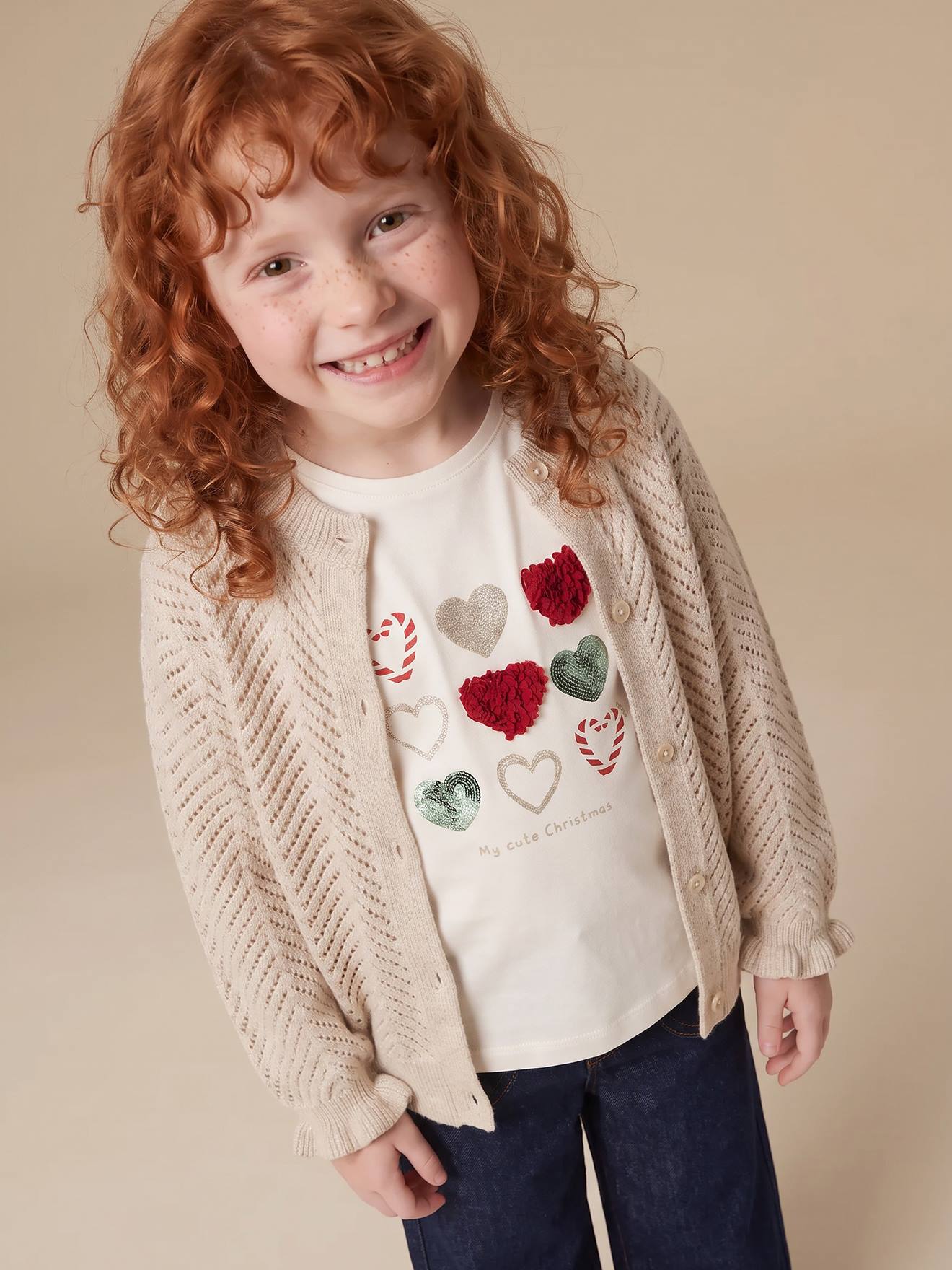 Gilet fille manches longues beige
