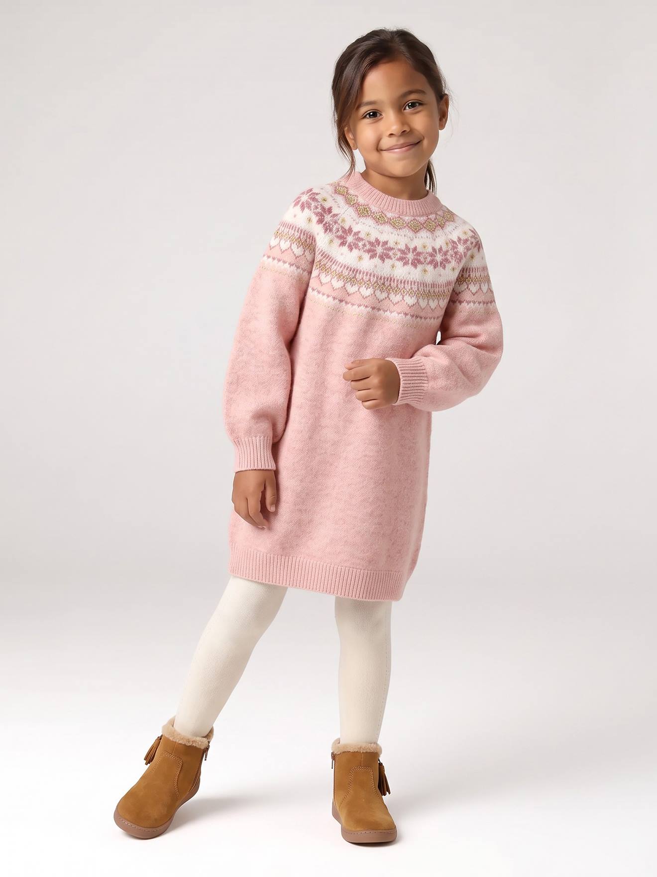 Robe fille manches longues rose poudré
