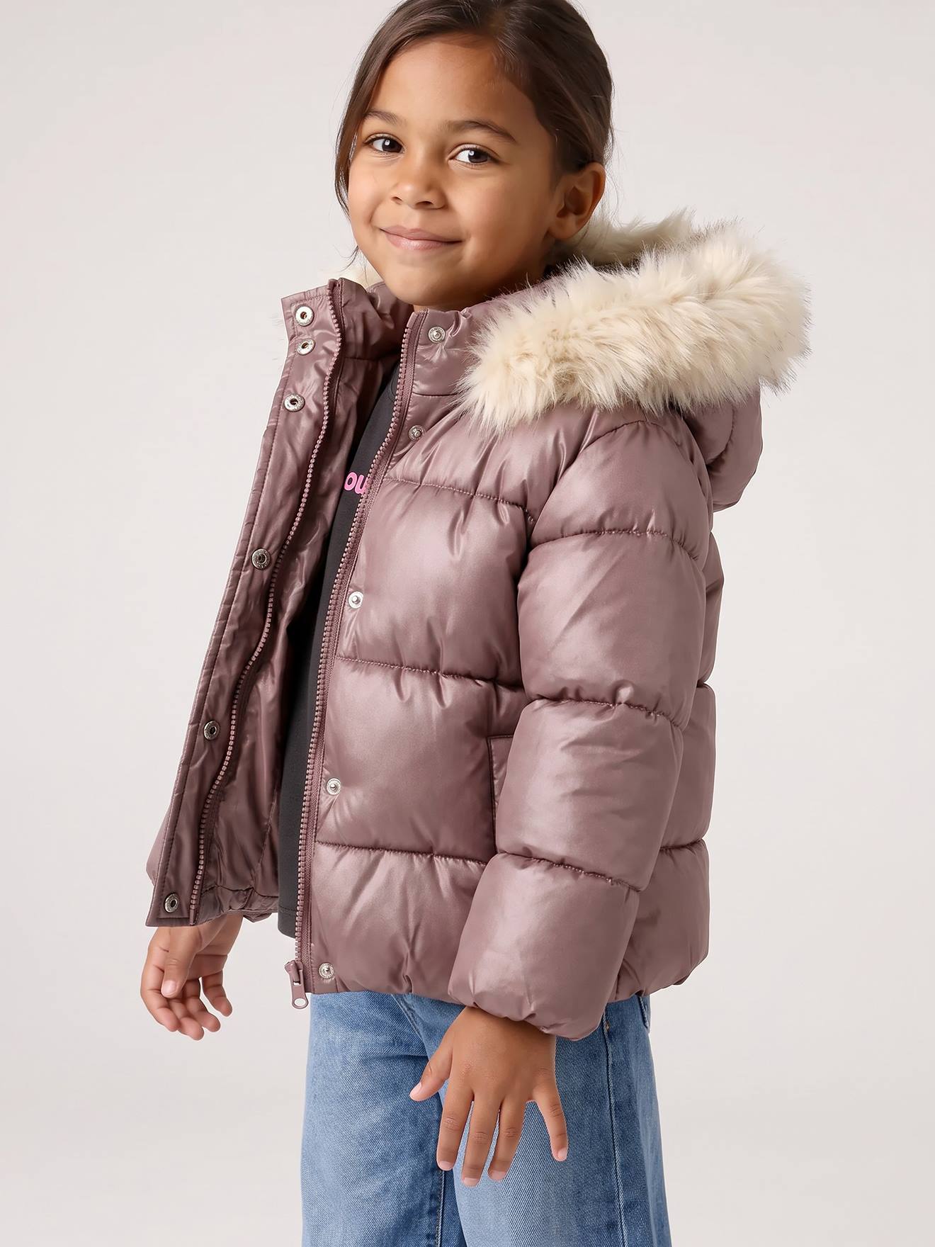 Doudoune à capuche fille doublée maille polaire mauve