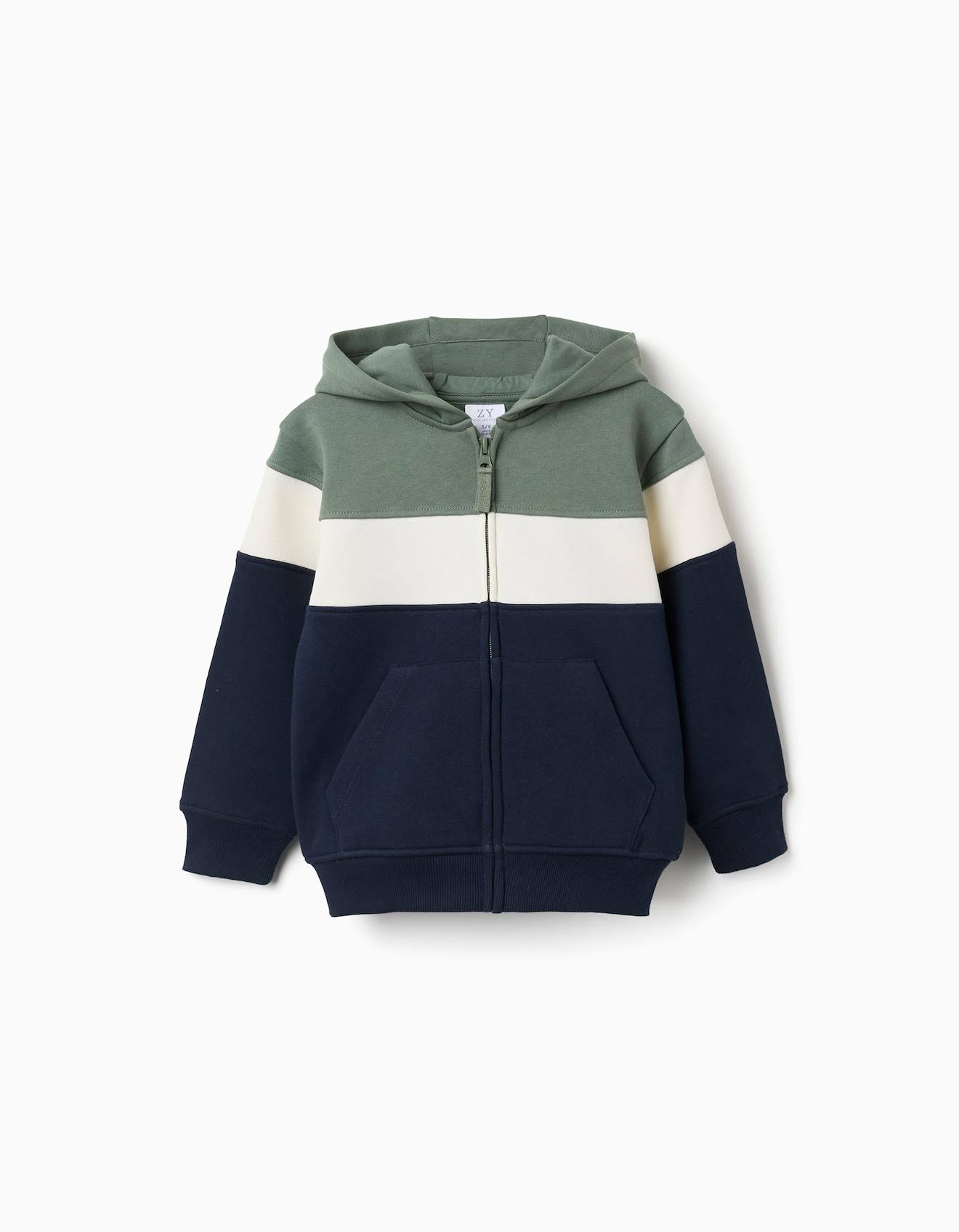 Sweat Zippé En Coton Peigné À Capuche Et Bloc De Couleurs Vert Foncé