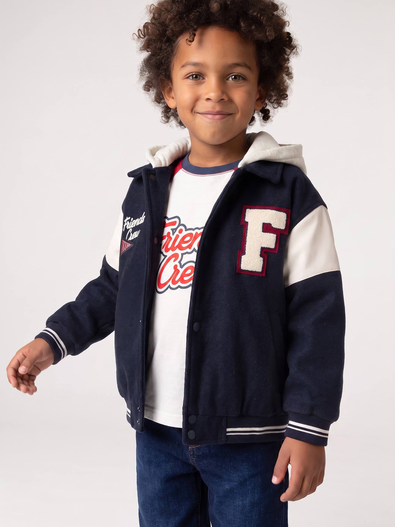 Blouson teddy garçon à capuche amovible marine
