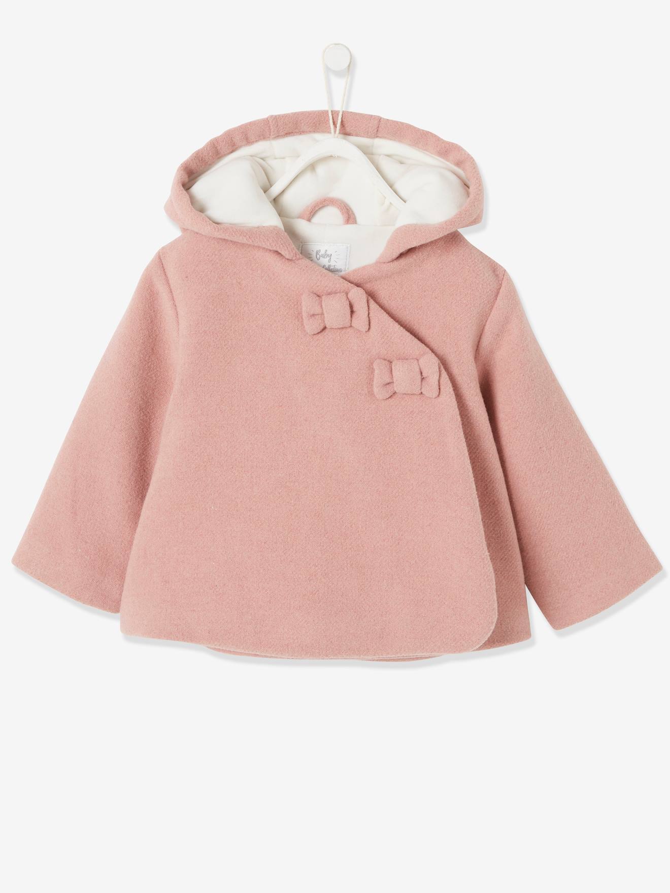 Manteau à capuche bébé fille lainage doublé et ouatiné vieux rose