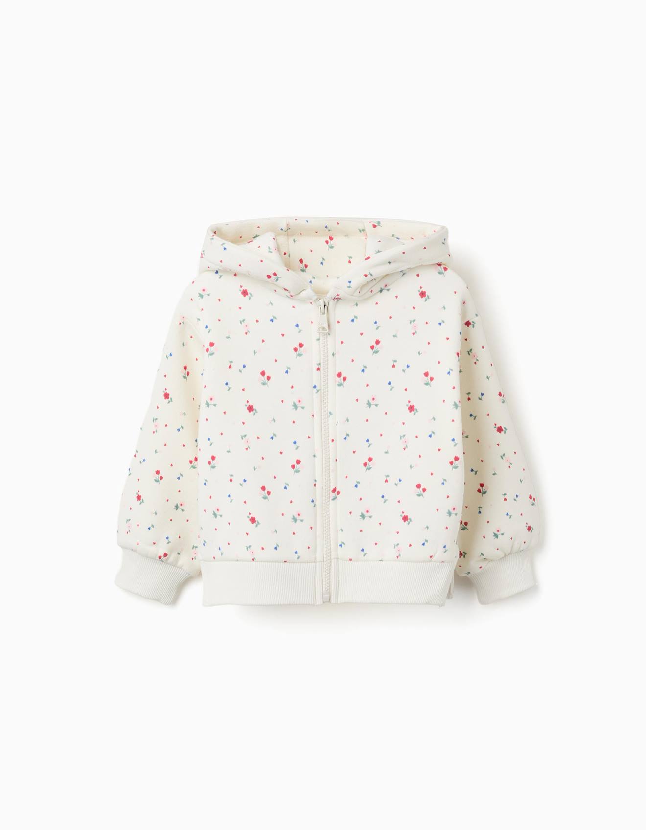 Sweat Zippé En Coton Peigné À Capuche Et Motif Floral Blanc
